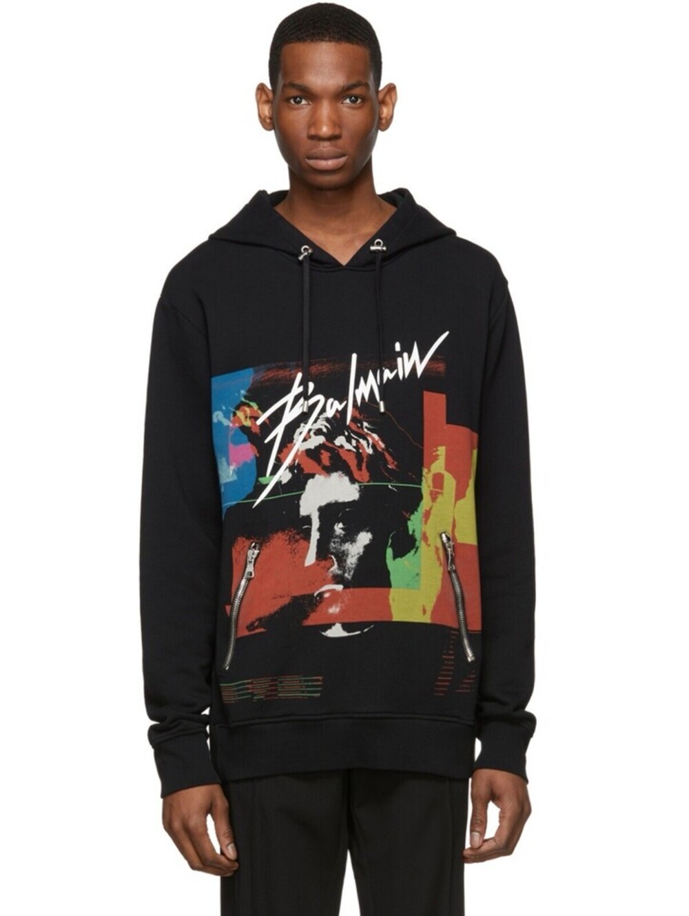 Balmain Black Graphic Hoodie with Zipper Details large